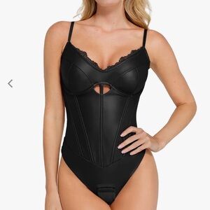 Popilush Shapewear Faux Leather Hourglass Cutout Corset Bodysuit
